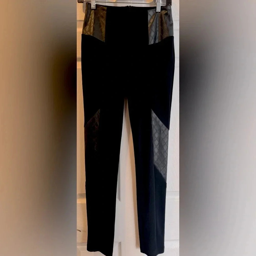 Joseph Ribkoff faux leather patches quilted pants leggings black slim office 4